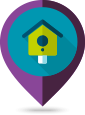 Icon of a map pin with a birdhouse illustration.