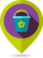 Icon of a map pin with a bucket illustration.